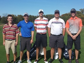 Lambton College golfers are sitting in second place as a team at the OCAA championships near Peterborough. Pictured here are golfers Connor Denning, Eric Pattenaude, Ethan O'Meara, Steve Brown and Seth Hellinga during practice. SUBMITTED PHOTO