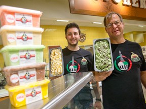 Matt and Jeff Swann of Coppa Di Gelato show off their cool treats at Farm Boy in London Tuesday. Coppa di Gelato has a 6,000-sq.-ft. plant in Strathroy. (CRAIG GLOVER/The London Free Press)