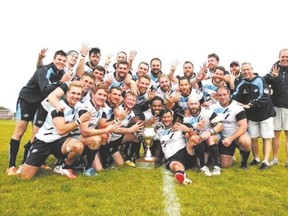 The Ontario Blues, including Tom Dolezel, Derek Daypuck, Seb Pearson and Joshua Campbell of London St. George?s, celebrate their fourth straight MacTier Cup title in St. John?s, Nfld., on the weekend. (Rugby Ontario)