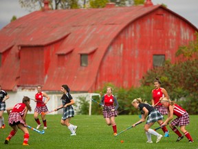 The big red barn is a fitting backdrop at Medway as the Cowboys hosted IDCI and Parkside in a triple header in field hockey in Arva. (Mike Hensen/The London Free Press)