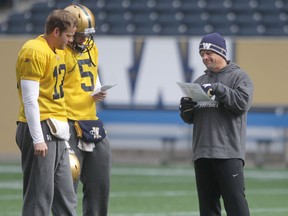CFL Winnipeg Blue Bombers offensive co-ordinator Marcel Bellefeuille works on the game plan with quarterbacks Brian Brohm (12) and Drew Willy (5) during team practice in Winnipeg.  Tuesday, September 30, 2014.  Chris Procaylo/Winnipeg Sun/QMI Agency