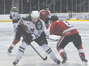 Shawn Bowles of the Portage Terriers tries to get around a defender during the Terriers' 8-1 win over WInkler Sept. 30. (Kevin Hirschfield/The Graphic/QMI AGENCY)