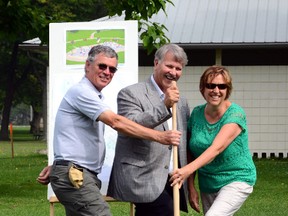 A sod turning celebration of the Brander Park Splash Pad was held August 23, and included a free barbeque. Dave Cram, Brander Park Splash Pad Co-chair; St. Clair Township Mayor Steve Arnold, and Brander park Splash Pad Co-Chair Anne Hazzard turn the sod. The splash pad committee has now raised $150 000, which is three quarters of their $200,000 goal. The Splash Pad equipment itself has been ordered, and they are just waiting for some drainage work to be completed before installation of the splash pad takes place. The Splash Pad committee is still looking for donations, so if people are interested in contributing, they can find the information on the website, branderparksplashpad.com, or phone 519-677-1623.