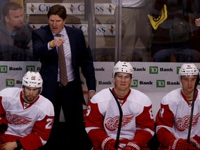 Detroit Red Wings head coach Mike Babcock points to the ice against the Boston Bruins during Game 2 of the first round of the 2014 playoffs at TD Garden on April 20, 2014. (Greg M. Cooper/USA TODAY Sports)
