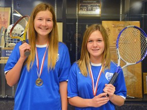 Sabres' Rachel Krisko and Haley Moulton are a winning pair. In their first year of playing tennis, the duo captured the NSSAA tennis championship on Sept. 26. The Simcoe Composite School students will be CWOSSA bound next Friday in Waterloo. (EDDIE CHAU Simcoe Reformer)