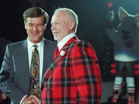 Bobby Orr and Don Cherry at the Mississauga IceDogs's inaugural home game at the Hershey Centre in 1998. (QMI Agency)