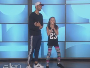 Sherwood Park's Taylor Hatala, 11, performed on the Ellen Degeneres Show on Wednesday, Oct. 1, 2014. Her choreographer Laurence Kaiwai is on the right. (www.ellentv.com)