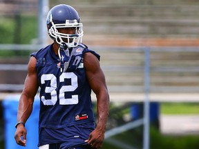 Argos slotback Andre Durie was carted off the field during practice on Wednesday. (Dave Abel/Toronto Sun)