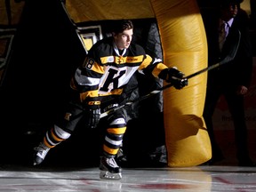 Kingston Frontenacs centre Robert Polesello comes out for the pre-game introductions before an Ontario Hockey League game against the Ottawa 67's at the Rogers K-Rock Centre on Sept. 26. (Ian MacAlpine/The Whig-Standard)