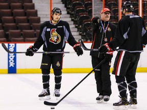 Sens coach Paul MacLean with defencemen  Cody Ceci (left) and Patrick Wiercioch. (Ottawa Sun Files)