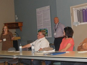 Christina Parsons and David Campbell chair the public True Sport meeting last week. Shown here Lambton Shores mayor Bill Weber, Patti Relouw, Tony Mennen, Lambton Shores ward one councillor Dave Maguire and GBCF director Judy McDonald listen in.