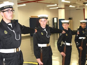 Members of the Royal Canadian Sea Cadet corps Repulse drill during their weekly Tuesday evening meeting. Cadets have the opportunity to pursue a variety of skills, including music, marksmanship and sailing. 
CARL HNATYSHYN/ QMI AGENCY