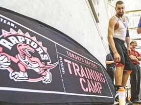 Raptors centre Jonas Valanciunas mugs for the camera during training camp in Burnaby, B.C., on Thursday. (CARMINE MARINELLI/QMI Agency)