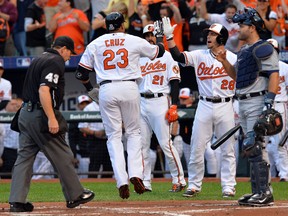 Baltimore Orioles designated hitter Nelson Cruz celebrates a home run against the Detroit Tigers with teammates during Game 1 of their American League Division Series at Camden Yards in Baltimore, Oct. 2, 2014. (TOMMY GILLIGAN/USA Today)