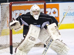 London Knights goaltender Michael Giugovaz practises at Budweiser Gardens. If he wins games, he?ll likely stay in net on a regular basis. (DEREK RUTTAN/ The London Free Press)