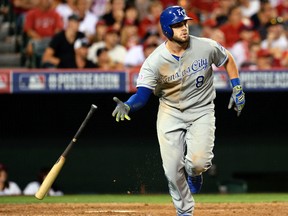 Kansas City Royals third baseman Mike Moustakas watches his home run against the Los Angeles Angels in Game 1 of the American League Division Series at Angel Stadium in Anaheim, Oct. 2, 2014. (USA Today)