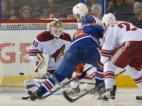 Edmonton Oilers 'Jesse Joensuu  scores against the Arizona Coyotes' goalie Devan Dubnyk at Rexall place last week.