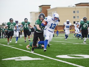 The Spruce Grove Panthers nearly caught Harry Ainlay at the Fuhr Sports Park on Sept. 25. But in the dying seconds of the game Ainlay caught the Panthers off guard with a deep ball that won the game 21-20. - Thomas Miller, Reporter/Examiner
