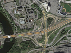 The Vanier Parkway bridge at Hwy. 417 is being replaced Saturday night. (Google Maps image)