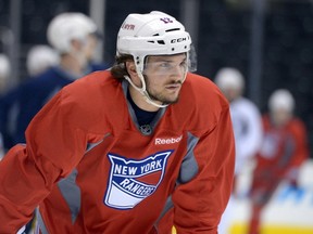 New York Rangers left wing Daniel Carcillo (13) during practice the day before game one of the 2014 Stanley Cup Final against the Los Angeles Kings at Staples Center on Jun 3, 2014 in Los Angeles, CA, USA. (Kirby Lee/USA TODAY Sports)