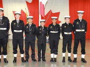 Chief Petty Officer Noah Busby (far right) stands with fellow Sea Cadets during their weekly Tuesday night meeting. The Royal Canadian Sea Cadet corps Repulse has trained young men and women in Sarnia for 72 years.