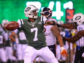 New York Jets quarterback Geno Smith (7) looks to pass during the first half  against the Chicago Bears at MetLife Stadium on Sep 22, 2014 in East Rutherford, NJ, USA (Robert Deutsch/USA TODAY Sports)