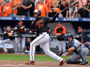 Baltimore Orioles pinch hitter Delmon Young (27) hits a three RBI double against the Detroit Tigers during the eighth inning of game two of the 2014 ALDS playoff baseball game at Oriole Park at Camden Yards on Oct 3, 2014 in Baltimore, MD, USA. (Tommy Gilligan/USA TODAY Sports)