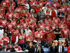 Atlanta Hawks fans react in the closing minute of the Atlanta Hawks loss to the Indiana Pacers in game six of the first round of the 2014 NBA Playoffs at Philips Arena on May 1, 2014 in Atlanta, GA, USA. (Jason Getz-USA TODAY Sports)