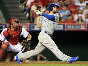 Kansas City Royals first baseman Eric Hosmer hits a home run against the Los Angeles Angels in Game 2 of the American League Division Series at Angel Stadium in Anaheim, Oct. 3, 2014. (KIRBY LEE/USA Today)