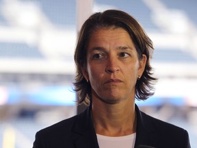 Tatjana Haenni, FIFA's head of women's competition, speaks with media following a site inspection at Investors Group Field in Winnipeg, Man., on Sat., Oct. 4, 2014, ahead of the 2015 Women's World Cup. (Kevin King/Winnipeg Sun/QMI Agency)