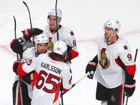 Ottawa Senators center David Legwand (17) celebrates his goal against Montreal Canadiens with teammates during the third period at Bell Centre. Mandatory Credit: Jean-Yves Ahern-USA TODAY Sports