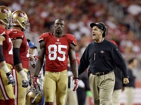 Head coach Jim Harbaugh of the San Francisco 49ers shouts at his players during a game against the Chicago Bears at Levi's Stadium on September 14, 2014 in Santa Clara, California. (Ezra Shaw/Getty Images/AFP)