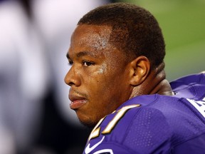 Ray Rice #27 of the Baltimore Ravens sits on the bench against the Dallas Cowboys in the first half of their preseason game at AT&T Stadium on August 16, 2014 in Arlington, Texas.  (Ronald Martinez/Getty Images/AFP)