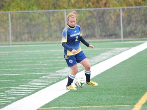 Voyageurs' Julie Lopez handles the ball during OUA women's soccer action at James Jerome Sports Complex on Sunday. The Voyageurs won 7-0 against RMC.