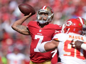 San Francisco 49ers QB Colin Kaepernick throws a pass against the Kansas City Chiefs on Sunday. (USA TODAY SPORTS)