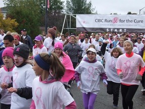 HAROLD CARMICHAEL/The Sudbury Star     
Participants in Sunday's Canadian Breast Cancer Foundation CIBC Run for the Cure at Cambrian College head out after the mass start at 10 a.m.