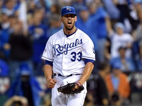 Kansas City Royals starting pitcher James Shields (33) reacts against the Los Angeles Angels after the final out of the top of the sixth inning in game three of the 2014 ALDS baseball playoff game at Kauffman Stadium. (Peter G. Aiken-USA TODAY Sports)