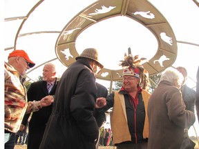 Greg Peters, Chief of the Delaware Nation greets people during the celebration on Oct. 5 to dedicate a new sculpture honouring Tecumseh. “A Place of Many Grasses,” east of Thamesville, has been designed to share history and preserve First Nations culture.