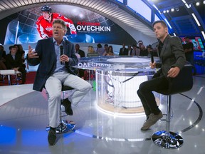 Gord Cutler, Senior VP of NHL Production, and Host George Stroumboulopoulos give a tour of the different parts of the studio as Sportsnet unveils its multi-million dollar 11,000 sq. ft. television studio to be used for their hockey broadcast at the CBC building in Toronto on Monday September 29, 2014. (Dave Abel/Toronto Sun/QMI Agency)