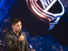 Host George Stroumboulopoulos speaks as Sportsnet unveils its multi-milion dollar 11,000 sq. ft. television studio to be used for their hockey broadcast at the CBC building in Toronto on Monday September 29, 2014. (Dave Abel/Toronto Sun/QMI Agency)