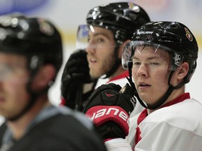 Senators' Curtis Lazar listens during practice in Ottawa Monday. (Tony Caldwell/Ottawa Sun)