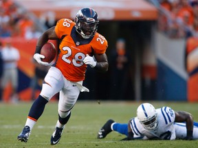Denver Broncos running back Montee Ball (28) runs with the ball during the first half against the Indianapolis Colts. (Chris Humphreys-USA TODAY)