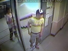 Luka Magnotta and Jun Lin, in yellow shirt, seen on surveillance video presented as evidence in Magnotta's murder trial.