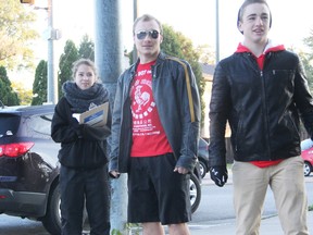 St. Clair Secondary students Morgan Campbell, Zack Kettle and Jake Williams helped monitor the intersection of Wellington Street and Murphy Road Tuesday morning. A group of St. Clair students joined peers from across Canada participating in a national tally of distracted driving in their own communities. BARBARA SIMPSON/THE OBSERVER/QMI AGENCY