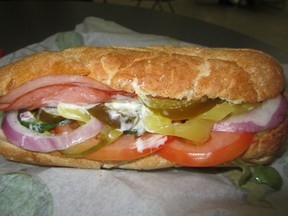 A Subway cold-cut 6-incher with all the trimmings.
