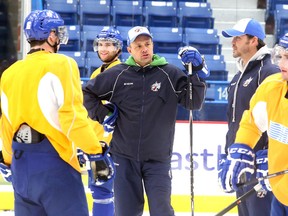 Sudbury Wolves head coach Paul Fixter talks to his players during team practice on Tuesday afternoon. The Wolves hit the road Wednesday when they head to the Sault to play the Greyhounds.