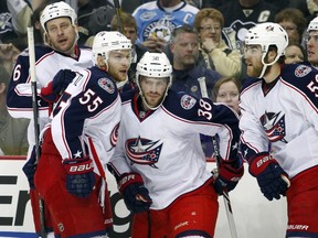 Boone Jenner #38 of the Columbus Blue Jackets reacts after scoring in the first period against the Pittsburgh Penguins. (Justin K. Aller/Getty Images/AFP)