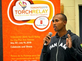 Decathlete Damian Warner speaks to students at Lord Roberts French immersion public school in London October 7, 2014. CHRIS MONTANINI\LONDONER\QMI AGENCY