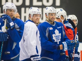 Leafs Joffery Lupul (left), Phil Kessel and Nazem Kadri are pictured at a practice this week at the MasterCard Centre for Hockey Excellence. (ERNEST DOROSZUK, Toronto Sun)