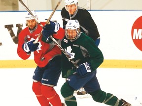 Daniel Winnik (left) and David Clarkson (right) spar while captain Dion Phaneuf looks on at practice yesterday. The Leafs open the season against the Montreal Canadiens on Wednesday. (Stan Behal/Toronto Sun)